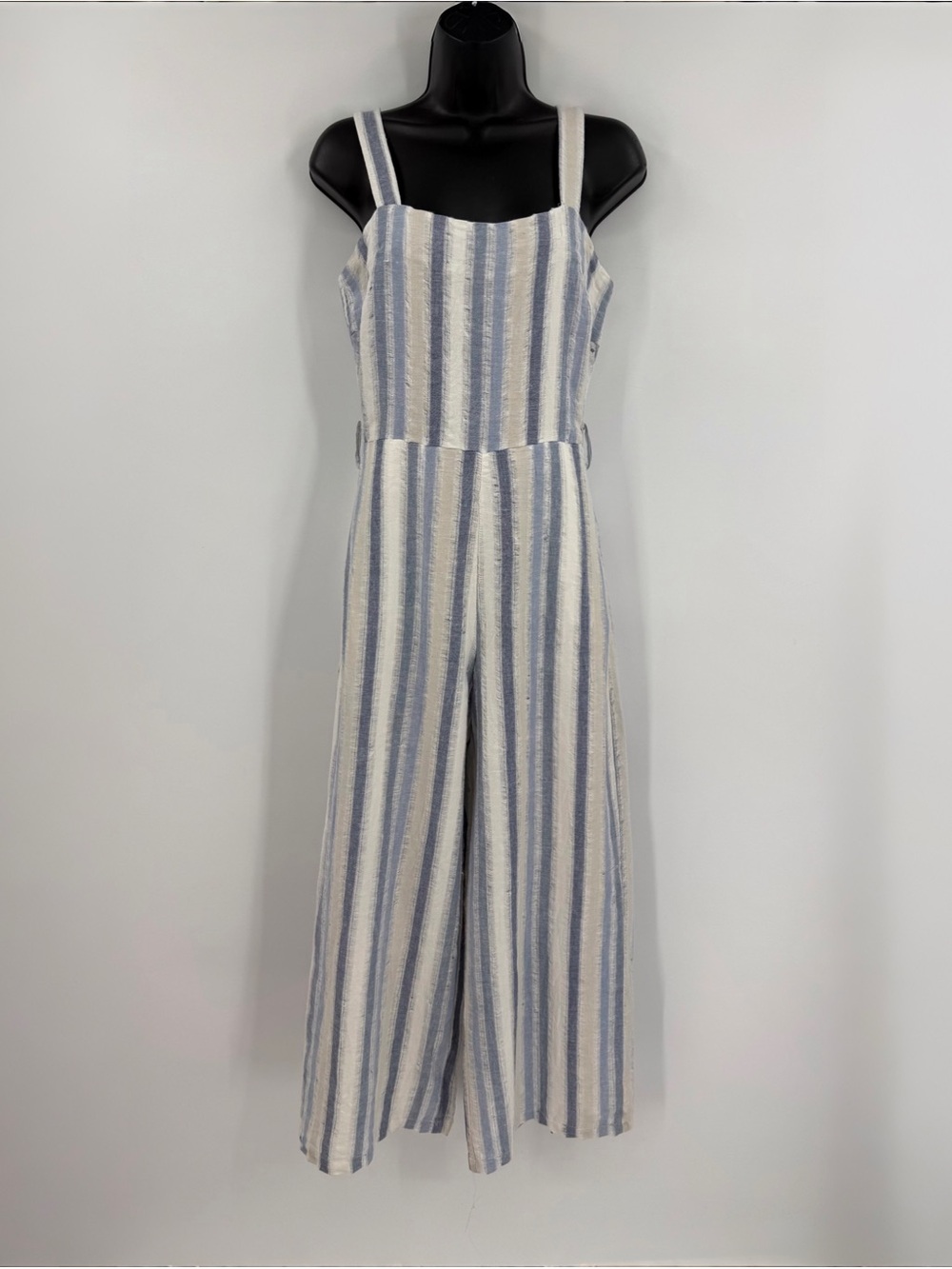 Lucy Paris Striped Linen and Cotton Wide Leg Jumpsuit | Blue / White / Cream | S